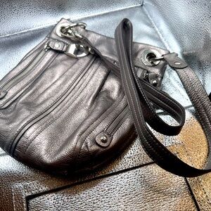 B. Makowsky genuine leather metallic gunmetal with silver hardware crossbody